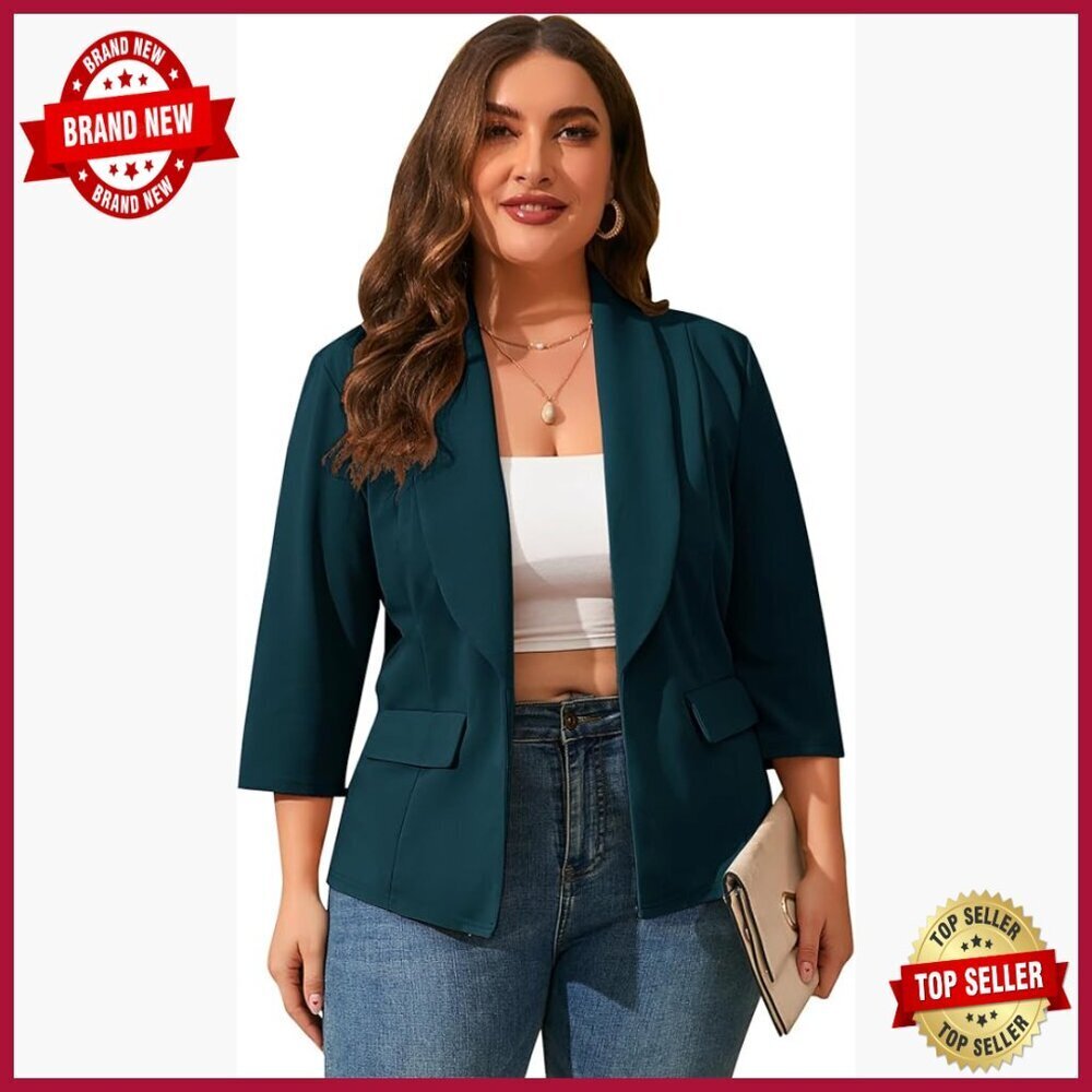 Plus Size Casual Blazer 3/4 Sleeve Open Front Pocketed Office Cardigan Jacket